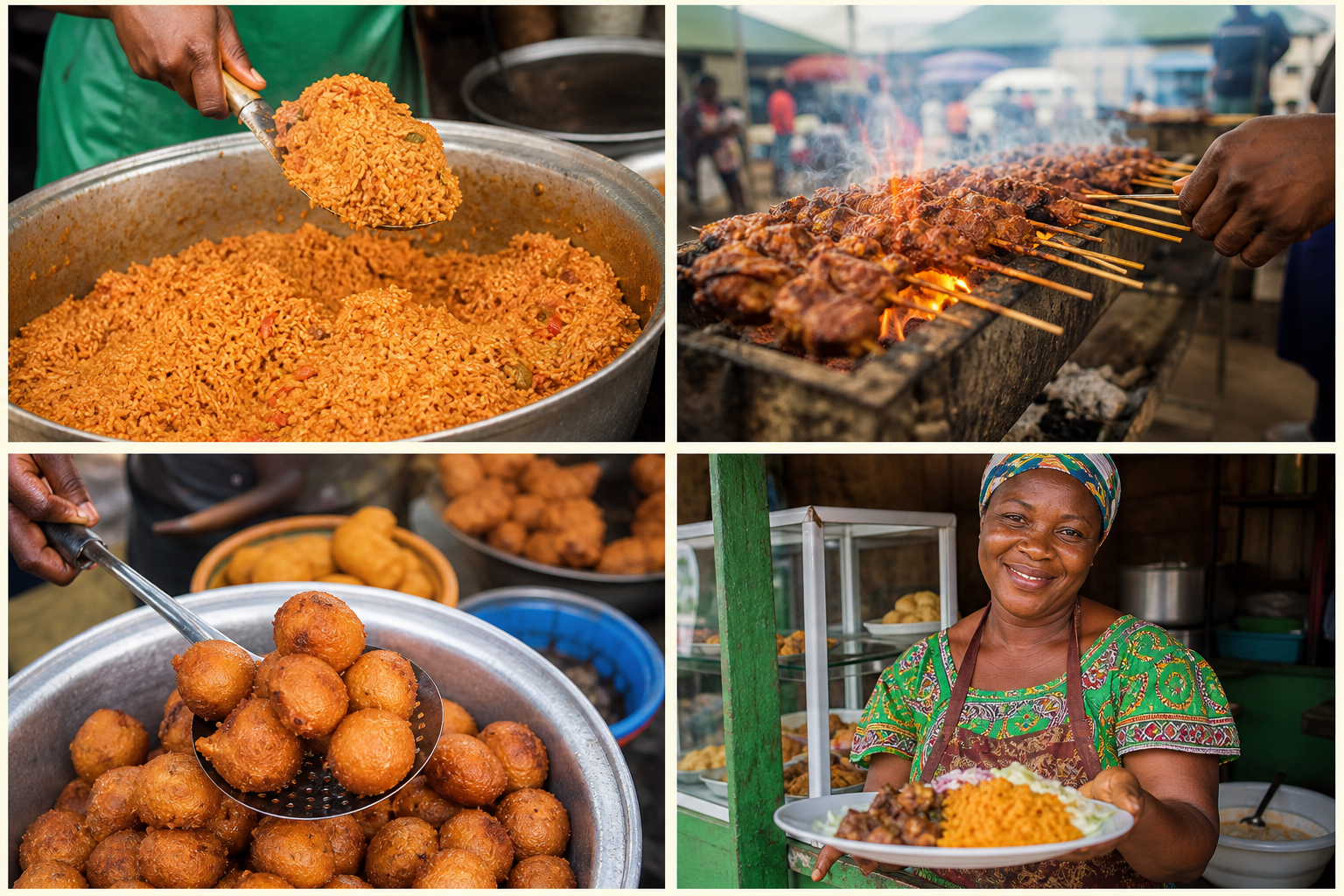 Four moments from West African food vendors: jollof being served, suya grilling, puff puff ready to eat, and a vendor presenting lunch
